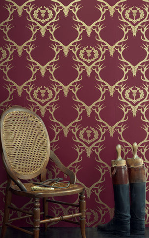 Deer Damask Claret Gold Wallpaper by Barneby Gates 