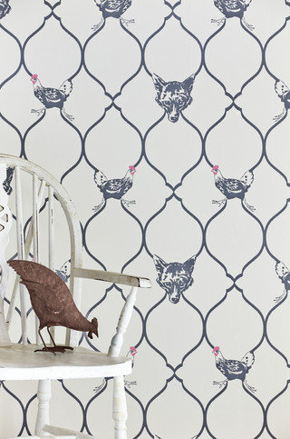 Fox & Hen Charcoal on Parchment Wallpaper by Barneby Gates