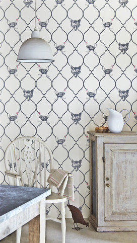 Fox & Hen Charcoal on Parchment Wallpaper by Barneby Gates