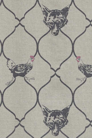 Fox & Hen Charcoal/Pink on Natural Fabric by Barneby Gates