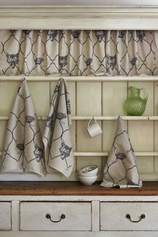 Fox & Hen Charcoal/Pink on Natural Fabric by Barneby Gates