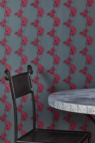 Poppy Fields Red on Gunmetal Wallpaper by Barneby Gates