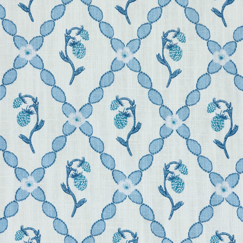 Wild Strawberry Trellis China Blue Fabric by Barneby Gates 