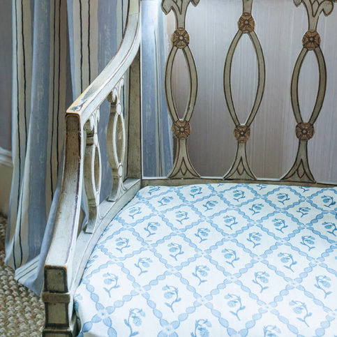 Wild Strawberry Trellis China Blue Fabric by Barneby Gates 