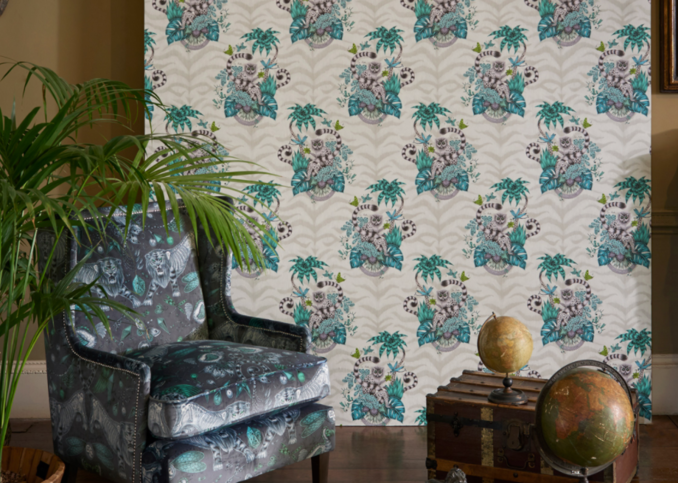 Lemur Jungle Wallcovering by Emma J Shipley for Clarke & Clarke 