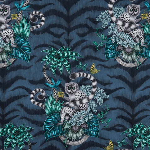 Lemur Navy Wallcovering by Emma J Shipley for Clarke & Clarke 