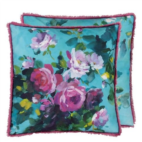 Bouquet De Roses Turquoise Cushion by Designers Guild