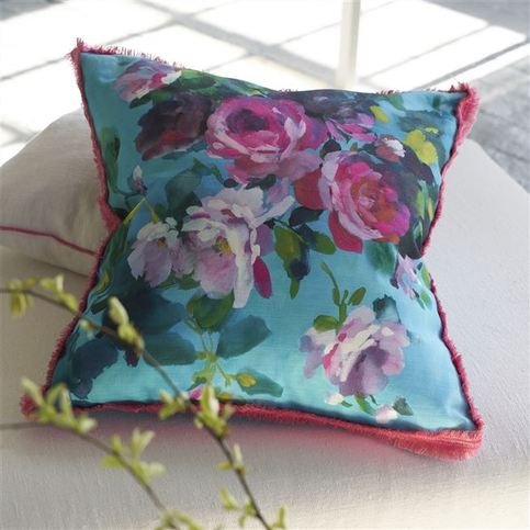Bouquet De Roses Turquoise Cushion by Designers Guild