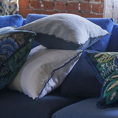 Brera Lino Alabaster with Cobalt overlocked edge Cushion by Designers Guild