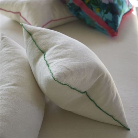 Brera Lino Alabaster with Emerald overlocked edge Cushion by Designers Guild