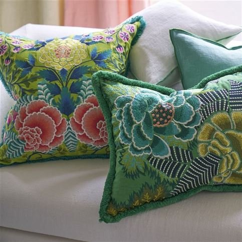 Brera Lino Alabaster with Emerald overlocked edge Cushion by Designers Guild