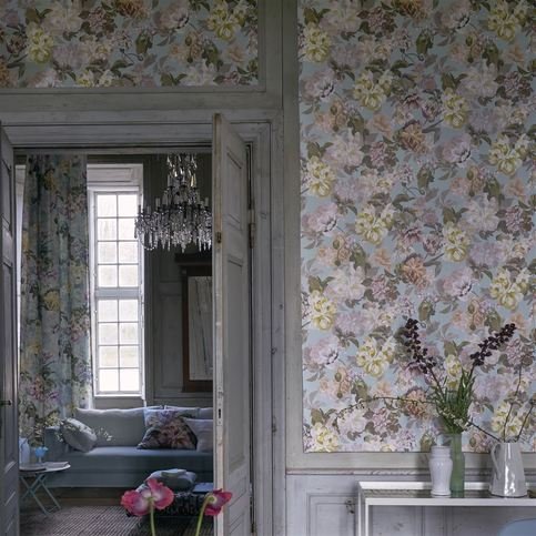 Delft Flower Duck Egg Wallcovering by Designers Guild