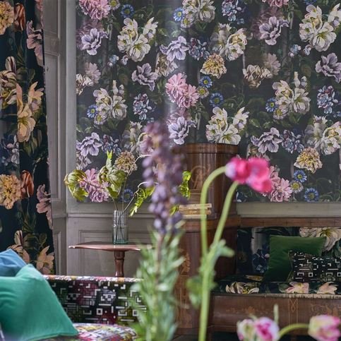Delft Flower Grande Graphite Wallcovering by Designers Guild 