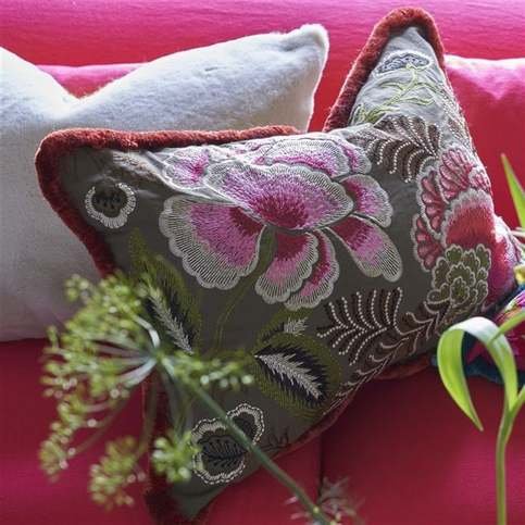 Rose De Damas Embroidered Cranberry Cushion by Designers Guild