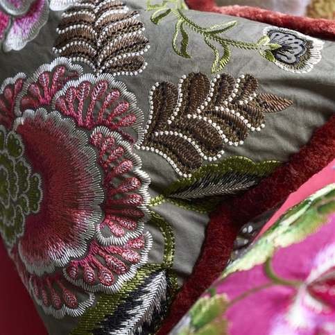 Rose De Damas Embroidered Cranberry Cushion by Designers Guild
