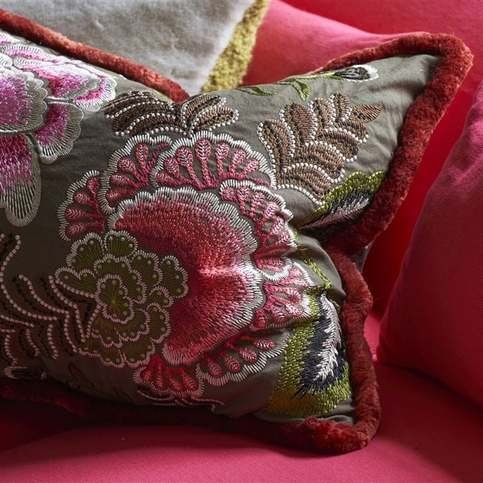 Rose De Damas Embroidered Cranberry Cushion by Designers Guild