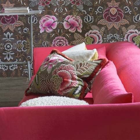 Rose De Damas Embroidered Cranberry Cushion by Designers Guild