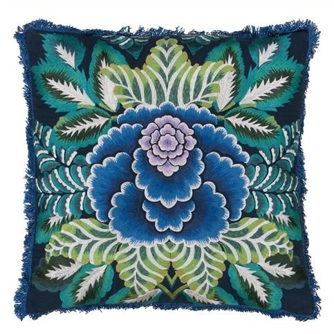 Rose De Damas Embroidered Indigo Cushion by Designers Guild