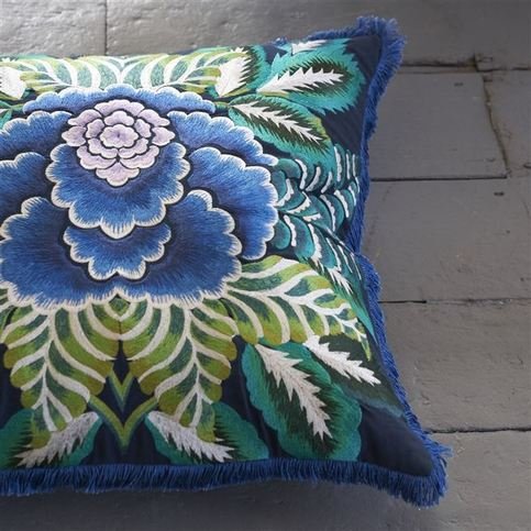 Rose De Damas Embroidered Indigo Cushion by Designers Guild