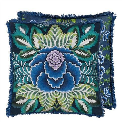 Rose De Damas Embroidered Indigo Cushion by Designers Guild