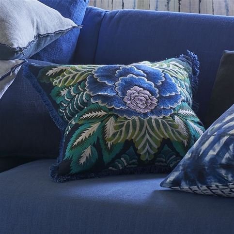 Rose De Damas Embroidered Indigo Cushion by Designers Guild