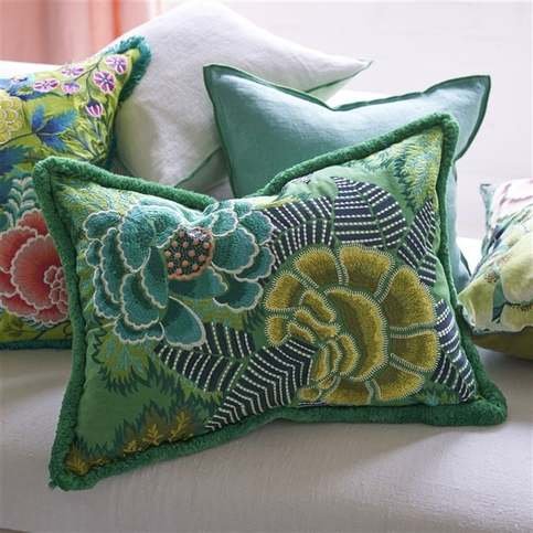 Rose De Damas Embroidered Jade Cushion by Designers Guild