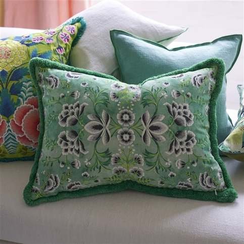 Rose De Damas Embroidered Jade Cushion by Designers Guild