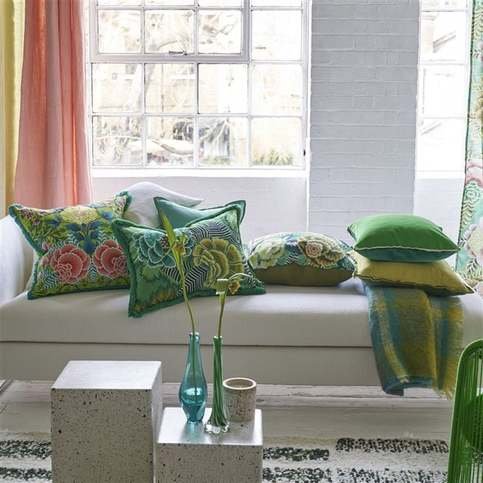 Rose De Damas Embroidered Jade Cushion by Designers Guild