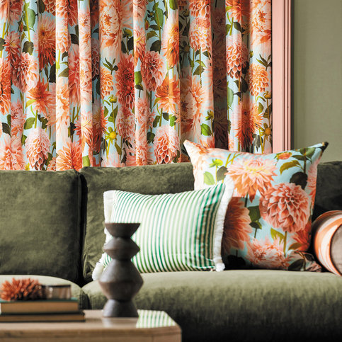 Dahlia Coral/Fig Leaf/Sky Fabric by Harlequin