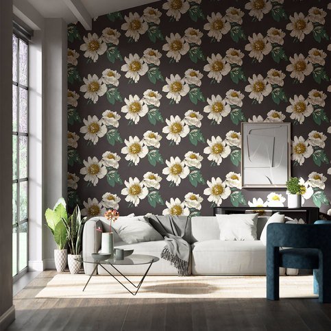 Paeonia Black Earth/Fig Leaf/ Gold Wallcovering by Harlequin