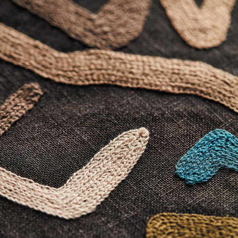 Synchronic Black Earth/Bleached Coral/Moss Fabric by Harlequin