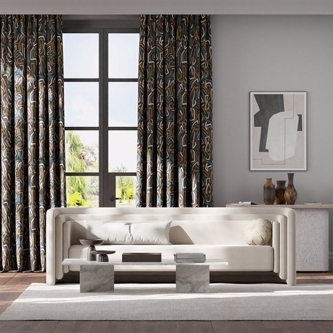 Synchronic Black Earth/Bleached Coral/Moss Fabric by Harlequin