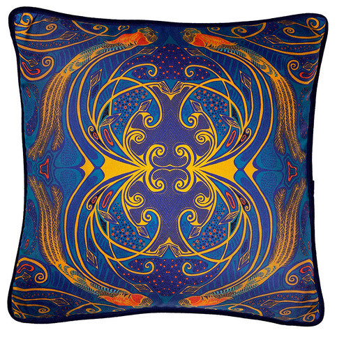 Quetzal Navy and Gold Silk Cushion by Millie Bridget Henry